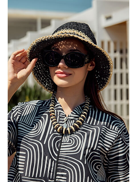 Remsa Mayo İki Renk Şerit El Örgüsü Hasır Şapka Plaj Şapkası RŞ-102 Siyah Bej 2099 - S000400016-37423