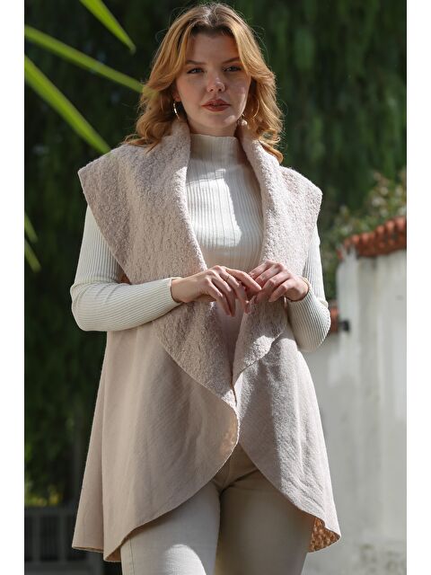 Chiccy İtalyan Bej Şal Yaka Kolsuz Casual Buklet Dokuma Yelek 80 65 - S000468959-19928