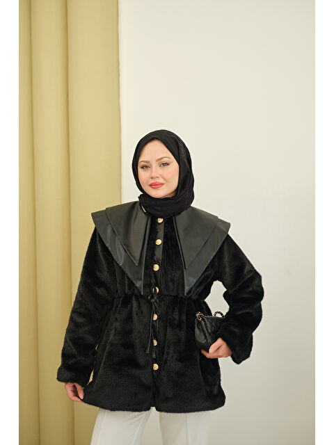 Locco Moda Kadın Çift Deri Yaka Pelüş Ceket Siyah - S000492606-19351