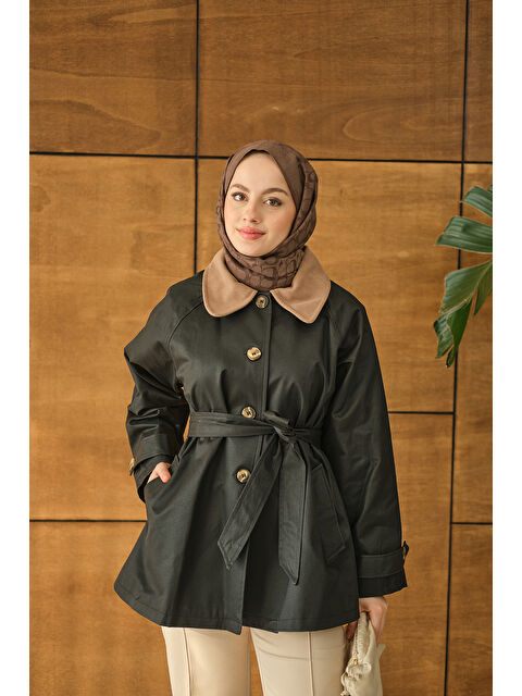 Locco Moda Kadın Yakası Kadife Trenç Zümrüt Yeşil - S000492607-18709