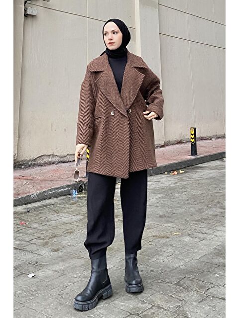 Lamelif Zikzak Desen Balık Sırtı Kaban Acı Kahverengi