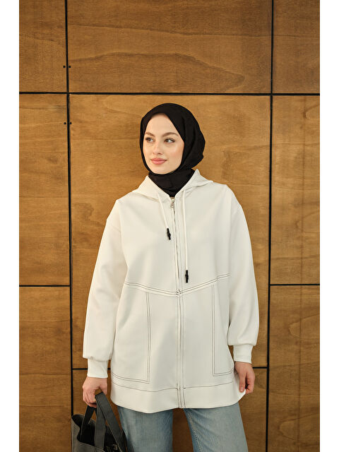 Locco Moda Kadın Dikiş Detay Kapüşonlu Hırka Beyaz - S000492608-20063