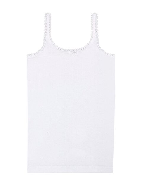 Kompedan Kız Çocuk %100 Pamuklu Ribana Yakası Dantel Detaylı İnce Askılı Örme Atlet | Beyaz K1610 - S000232473-20063