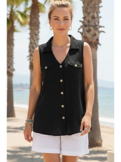 Chiccy Siyah Gömlek Yaka Kolsuz Düğmeli Çift Kapaklı Cepli Yıkamalı Casual Müslin Dokuma Gömlek 62 55