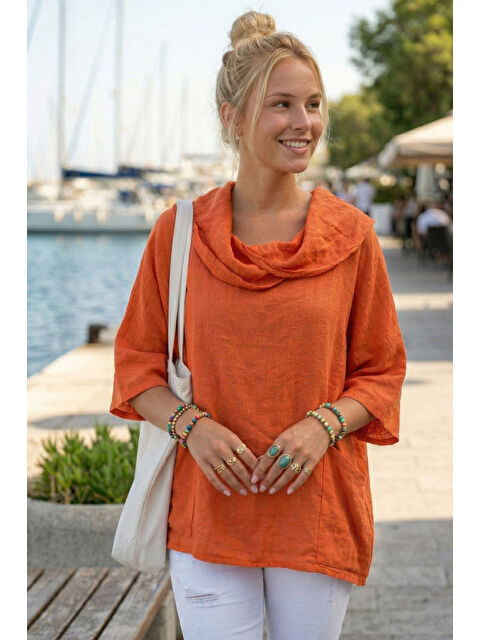 Chiccy Turuncu Şal Yaka Kısa Kol Çift Cepli Casual Keten Görünümlü Geniş Kesim Dokuma Bluz 65 83