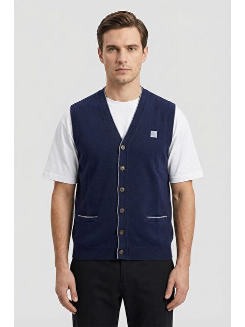 Sabri Özel Giotelli Erkek Lacivert-Gri Standart Fit Yün Karışımlı V Yaka Düğmeli Triko Yelek - S000524273-5270