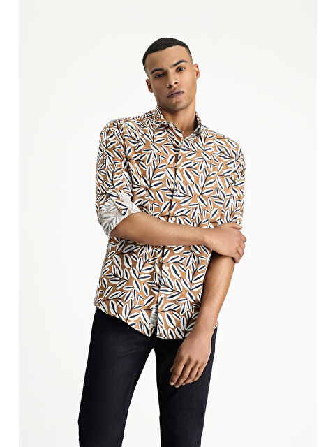 Kiğılı Uzun Kol Oversize Baskılı Keten Karışımlı Pamuklu Gömlek - S000404920-29705