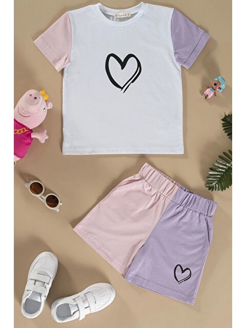 For You Kids Kalp Baskılı Lila Tshirt Şort Takım - S000150812-17878