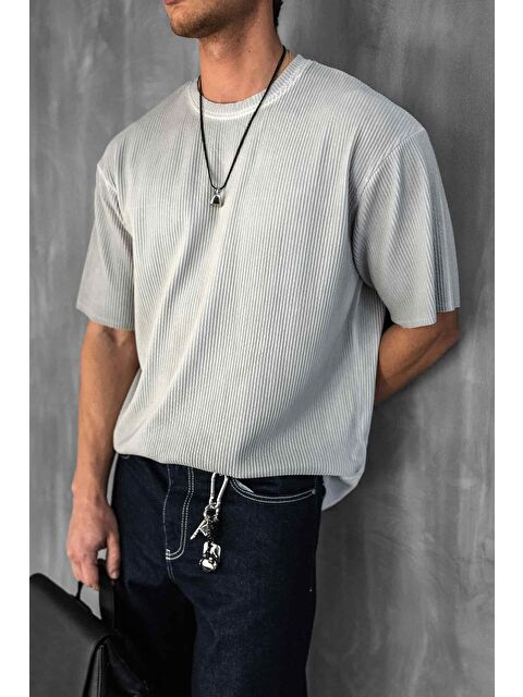Abluka Online Erkek Yıkamalı Fitilli Oversize Tişört Gri - S000378312-20600