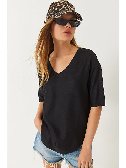 SHADE Kadın V Yaka Oval Kesim Bürümcük Basic T-Shirt - S000377103-19351