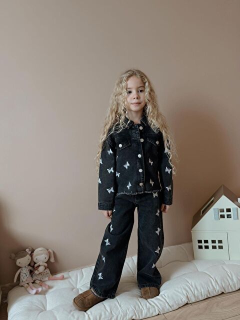 carla10 Kız Çocuk Kelebek Baskılı Siyah Jean İkili Takım Ceket Pantolon - S000492856-19351
