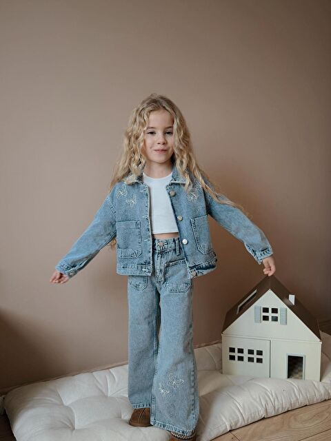 carla10 Kız Çocuk Çiçek Baskılı Cepli Jean İkili Takım Ceket Pantolon - S000494799-17437