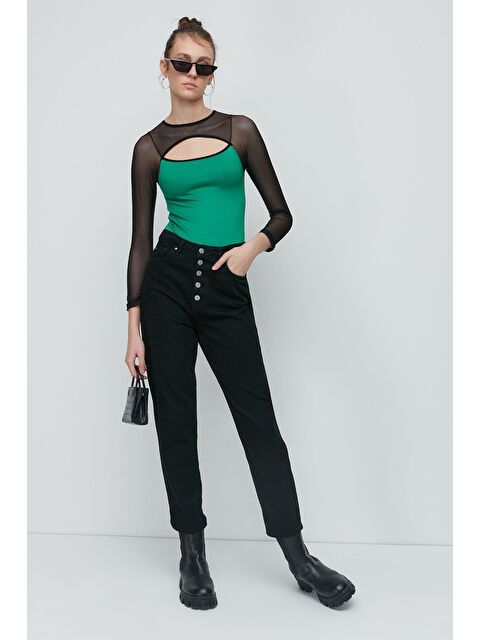 C&City Tül Detay Uzun Kol Bodysuit 9153 Yeşil - S000226336-18194