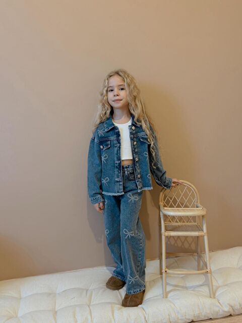 carla10 Kız Çocuk Kurdela Baskılı Jean İkili Takım Ceket Pantolon - S000494800-21164