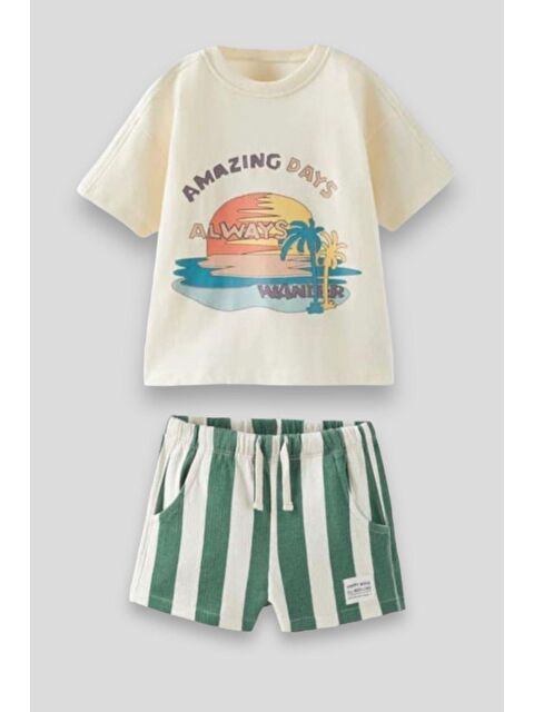 Monila Erkek Çocuk Baskılı Pamuklu Çizgili Şortlu Altüst Takım - S000520665-5409