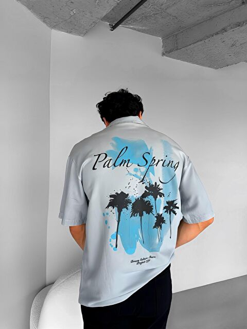 Abluka Online Erkek Oversize Polo Yaka Grafik Baskılı Gömlek Açık Gri