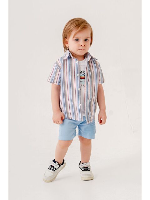 Kidex's Tarz Gömlekli Çizgili Belden Ayarlanabilir Kısa Kollu Şortlu 3'lü Takım Bayramlık Düğünlük