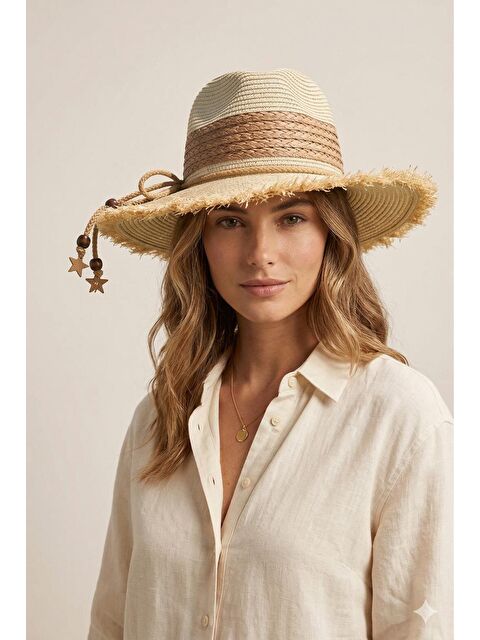 Luminos Butik Hasır Panama Bej Şapka Saçaklı Kenar İpli Bohem Yazlık HSR2124 BEJ