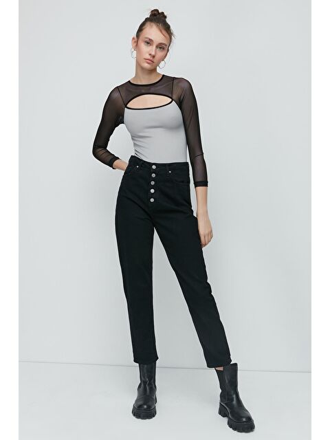 C&City Tül Detay Uzun Kol Bodysuit 9153 Gri - S000226336-20600