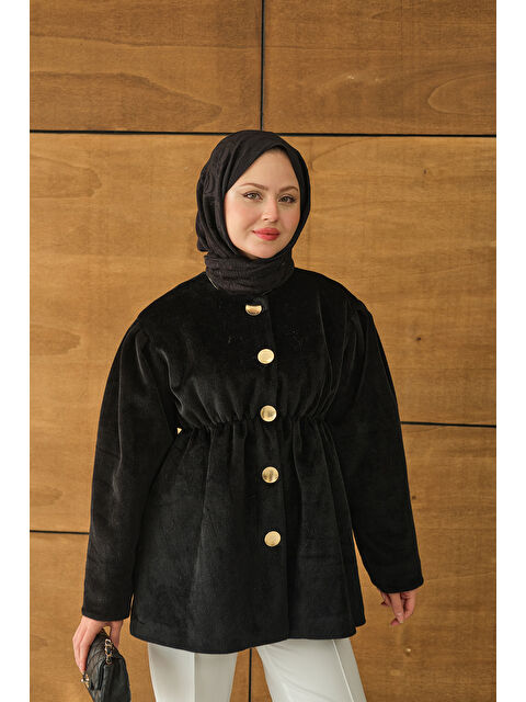 Locco Moda Kadın Beli Lastikli Angora Ceket Siyah - S000492610-19351