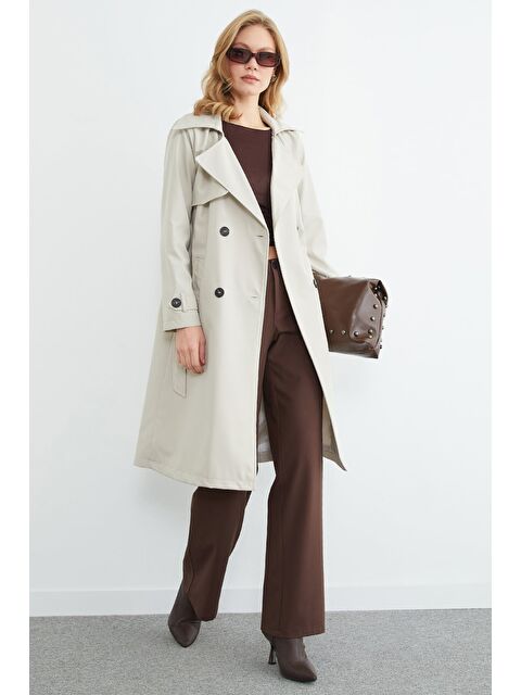 Fullamoda Kuşaklı Kruvaze Yaka Uzun Trençkot - S000508425-25636