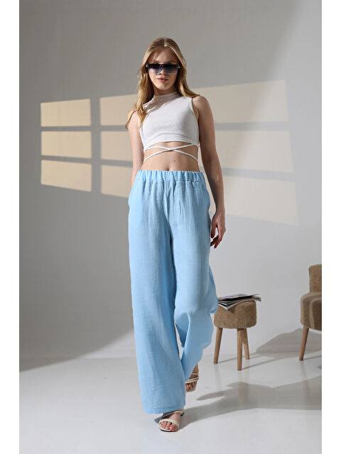 Hazelin Kadın Mavi Beli Lastikli Müslin Kumaş Bol Paça Pantolon HZL25S-DSB12221 - S000385374-17234