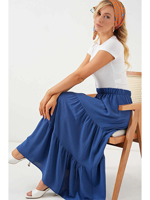 Hazelin Kadın İndigo Mavi Beli Lastikli Ayrobin Uzun Etek HZL25S-BD180481 - S000443039-23093