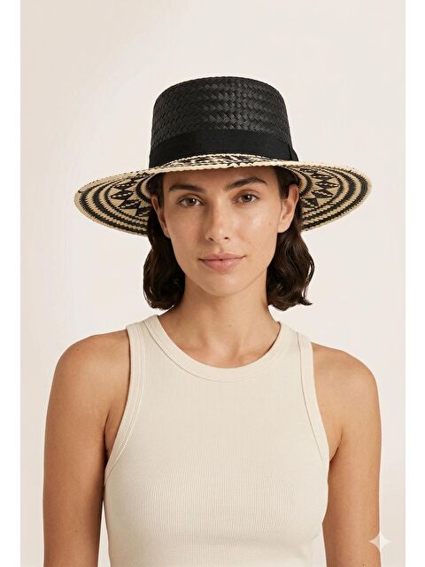 Luminos Butik Hasır Panama Siyah Şapka Desenli Geniş Kenarlı Yazlık HSR2121 SIYAH