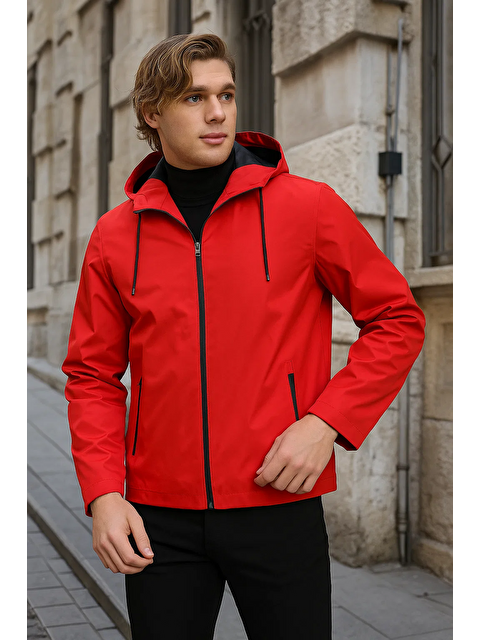 Comstar Erkek Astarlı Kapüşonlu Kırmızı Rüzgarlık & Yağmurluk