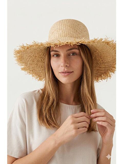 Luminos Butik Bej Hasır Şapka Geniş Kenarlı Saçaklı Detaylı Yazlık HSR2120 BEJ