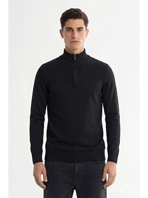 Sabri Özel Giotelli Siyah Regular Fit Yün Karışımlı Dik Yaka Fermuarlı Jakarlı Erkek Triko Kazak - S000524278-19351