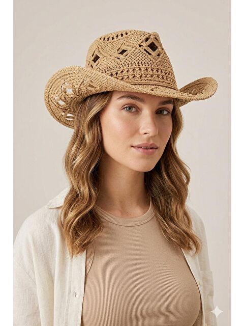 Luminos Butik Hasır Fedora Camel Şapka Ajur Örgü Detaylı Yazlık Model HSR2117 KAHVERENGI