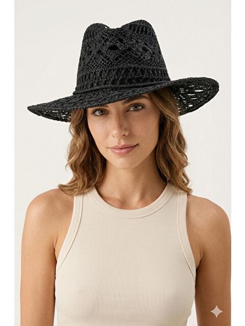 Luminos Butik Hasır Fedora Siyah Şapka Ajur Örgü Detaylı Yazlık Model HSR2117 SIYAH