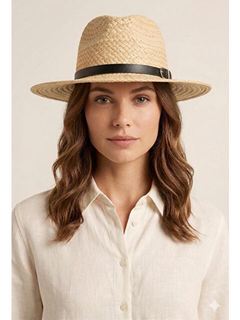 Luminos Butik Camel Hasır Fedora Şapka Tokalı Bant Detaylı Yazlık HSR2118 KAHVERENGI