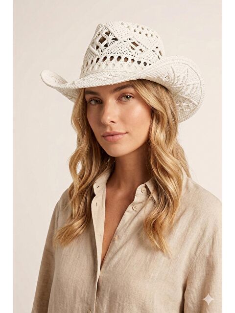 Luminos Butik Hasır Fedora Krem Şapka Ajur Örgü Detaylı Yazlık Model HSR2117 KREM