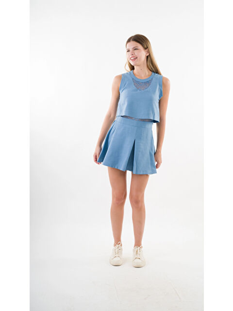 Hazelin Kadın İndigo Mavi Dantel Desenli Bisiklet Yaka Kolsuz Astarlı Elbise HZL24S-YY10021 - S000443052-23093