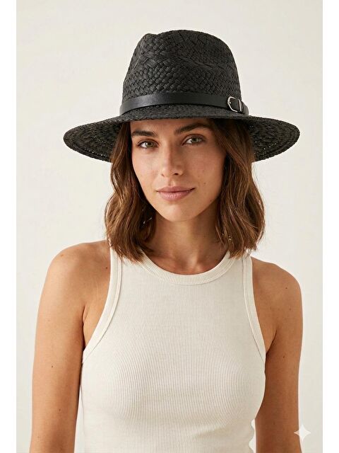 Luminos Butik Siyah Hasır Fedora Şapka Tokalı Bant Detaylı Yazlık HSR2118 SIYAH
