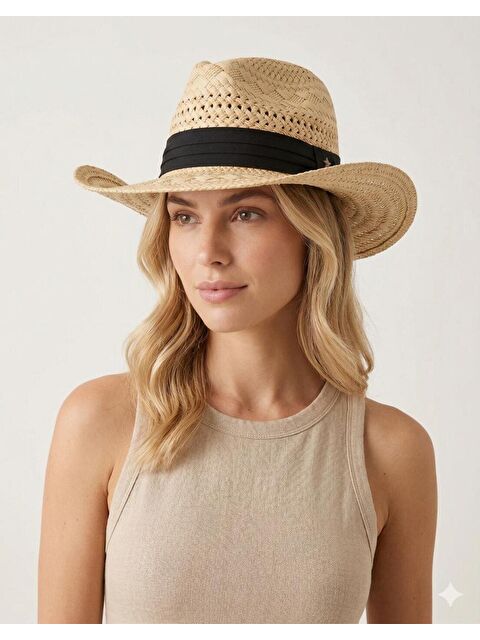 Luminos Butik Hasır Fedora Bej Şapka Düz Bantlı Yazlık Model HSR2116 BEJ