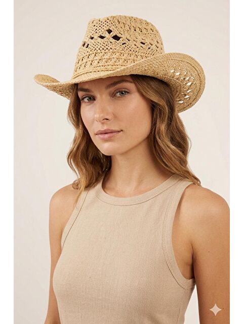 Luminos Butik Hasır Fedora Bej Şapka Ajur Örgü Detaylı Yazlık Model HSR2117 BEJ