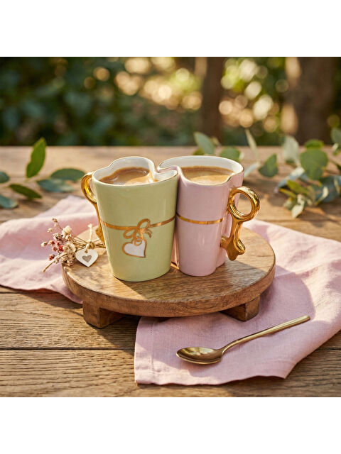 GÜRAL PORSELEN Vintage Hand Made Kalp Detaylı Porselen 2’li Kupa Seti 350 cc - S000510666-37646