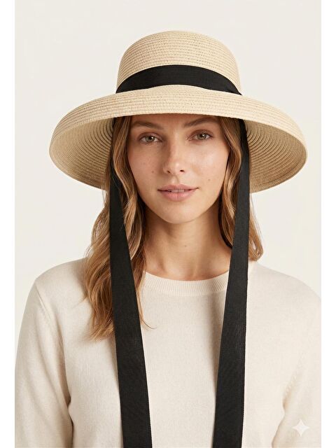 Luminos Butik Bej Hasır Şapka Geniş Kenarlı Bağlamalı Kurdele Detaylı Yazlık HSR2126 BEJ