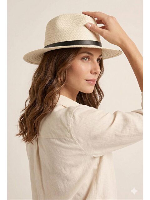 Luminos Butik Bej Hasır Fedora Şapka Tokalı Bant Detaylı Yazlık HSR2118 BEJ