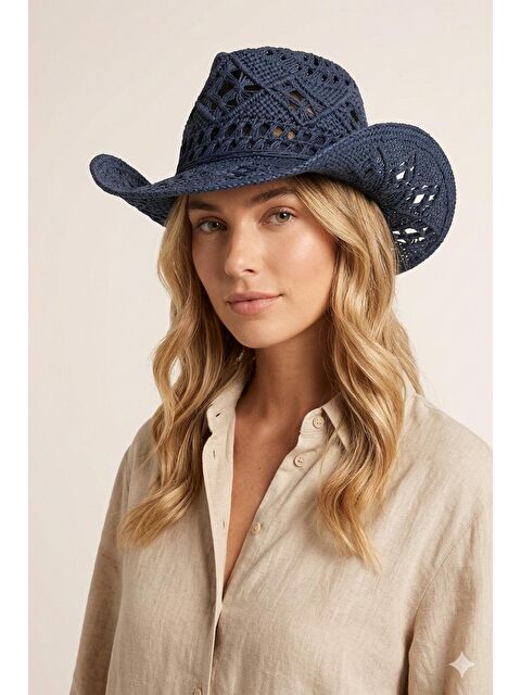 Luminos Butik Hasır Fedora Lacivert Şapka Ajur Örgü Detaylı Yazlık Model HSR2117 LACIVERT