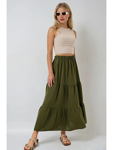 Hazelin Kadın Haki Beli Lastikli Ayrobin Uzun Etek HZL25S-BD180481 - S000443039-18547