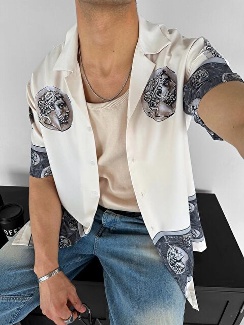 Abluka Online Erkek Oversize Baskılı Gömlek Bej - S000240422-19928