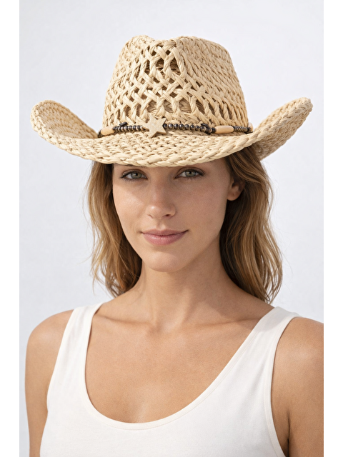 Luminos Butik Hasır Şapka Kovboy Model Delikli Bohem Boncuk Detaylı Yazlık Plaj HSR2133 BEJ