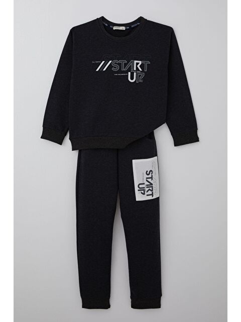 Breeze Erkek Çocuk Eşofman Takımı Yazı Baskılı Pantolonu Parça Detaylı Füme Melanj (5-10 Yaş) - S000501806-33408