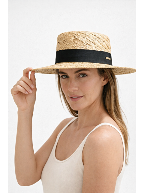 Luminos Butik Hasır Bej Şapka Düz Tepeli Siyah Bantlı Panama Stil HSR2132 BEJ