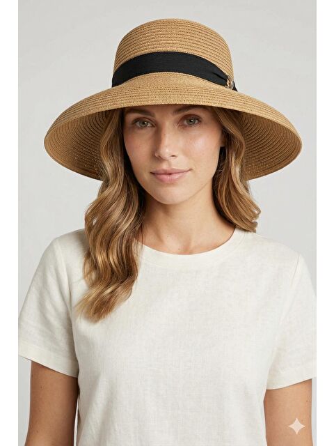 Luminos Butik Camel Hasır Şapka Geniş Kenarlı Bağlamalı Kurdele Detaylı Yazlık HSR2126 KAHVERENGI