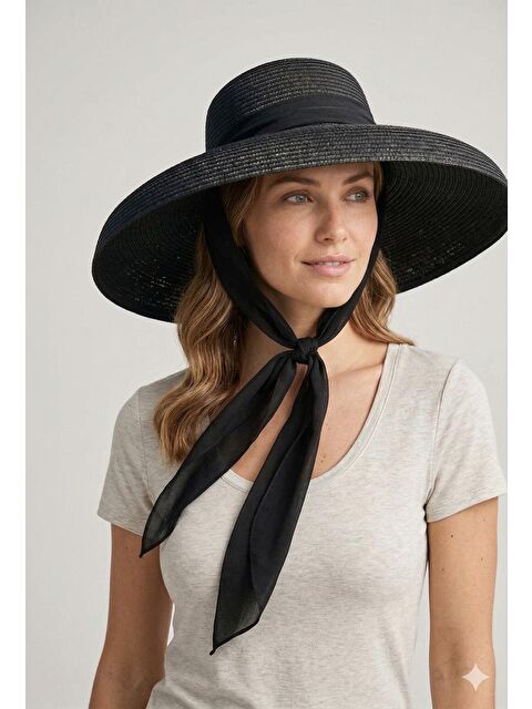 Luminos Butik Siyah Hasır Şapka Geniş Kenarlı Bağlamalı Kurdele Detaylı Yazlık HSR2126 SIYAH